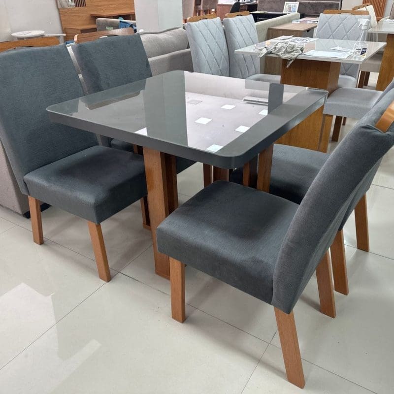 1 6 Mesa de Jantar Retangular - Tampo de MDF com Vidro - Base Naturale e Tampo Grafite - 0.90x0.90m - Vezzo Segovia