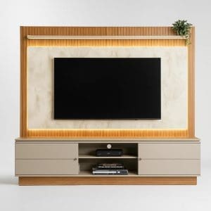 Estante Home para TV Saragoça até 75 polegadas com Led e Ripado - Nature e Off White