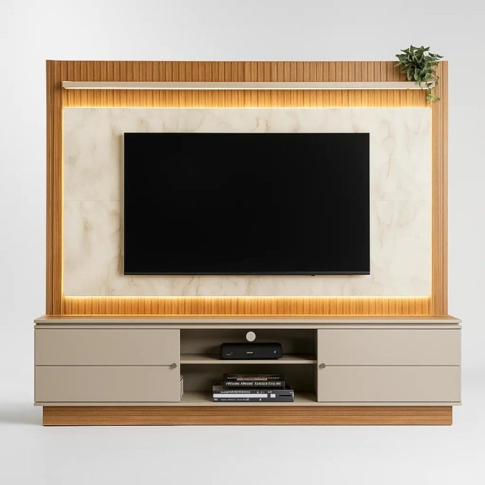 1 9 Estante Home para TV Saragoça até 75 polegadas com Led e Ripado - Nature e Off White