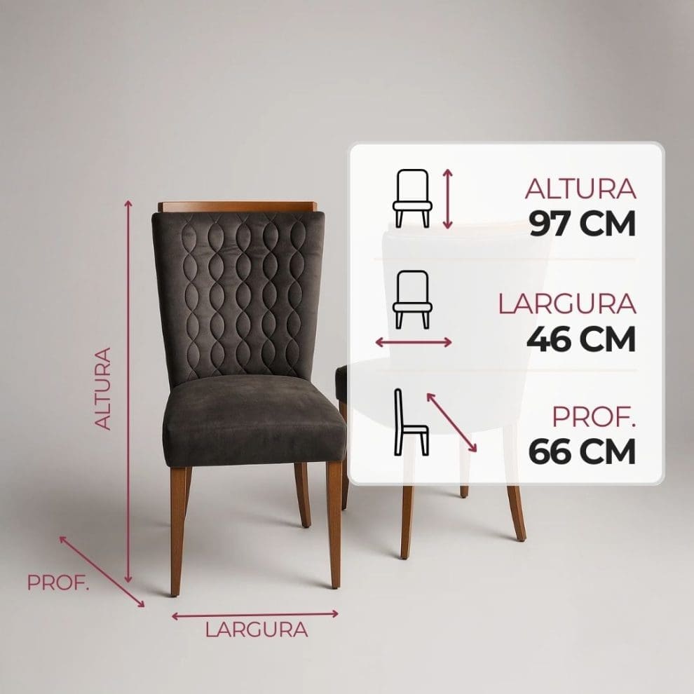 Cadeira Arizona Veludo Conza – Kit com 2 Cadeira para Mesa de Jantar Arizona – Tecido Veludo Cinza – Assento e Encosto Estofados – Kit com 2 Unidades