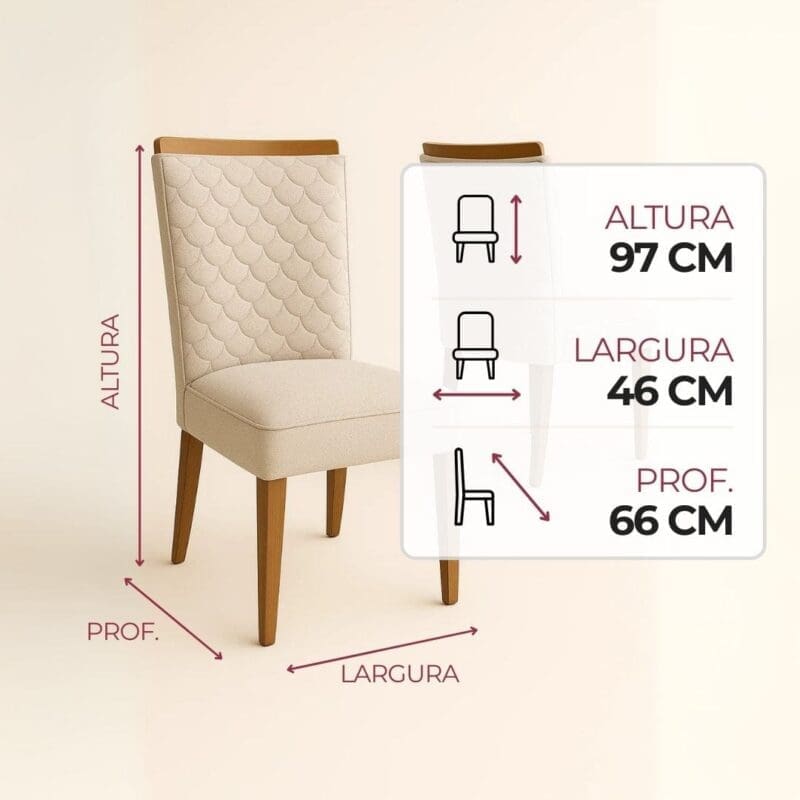 Cadeira Santarem Linho Bege Cadeira para Mesa de Jantar Santarém – Kit com 2 Unidades – Tecido Linho Bege – Estrutura em Madeira e Detalhe Amadeirado no Encosto