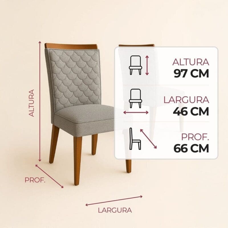 Cadeira Santarem – Linho Gelo – Kit com 2 Cadeira para Mesa de Jantar Santarém – Kit com 2 Unidades – Tecido Linho Gelo – Estrutura em Madeira e Detalhe Amadeirado no Encosto