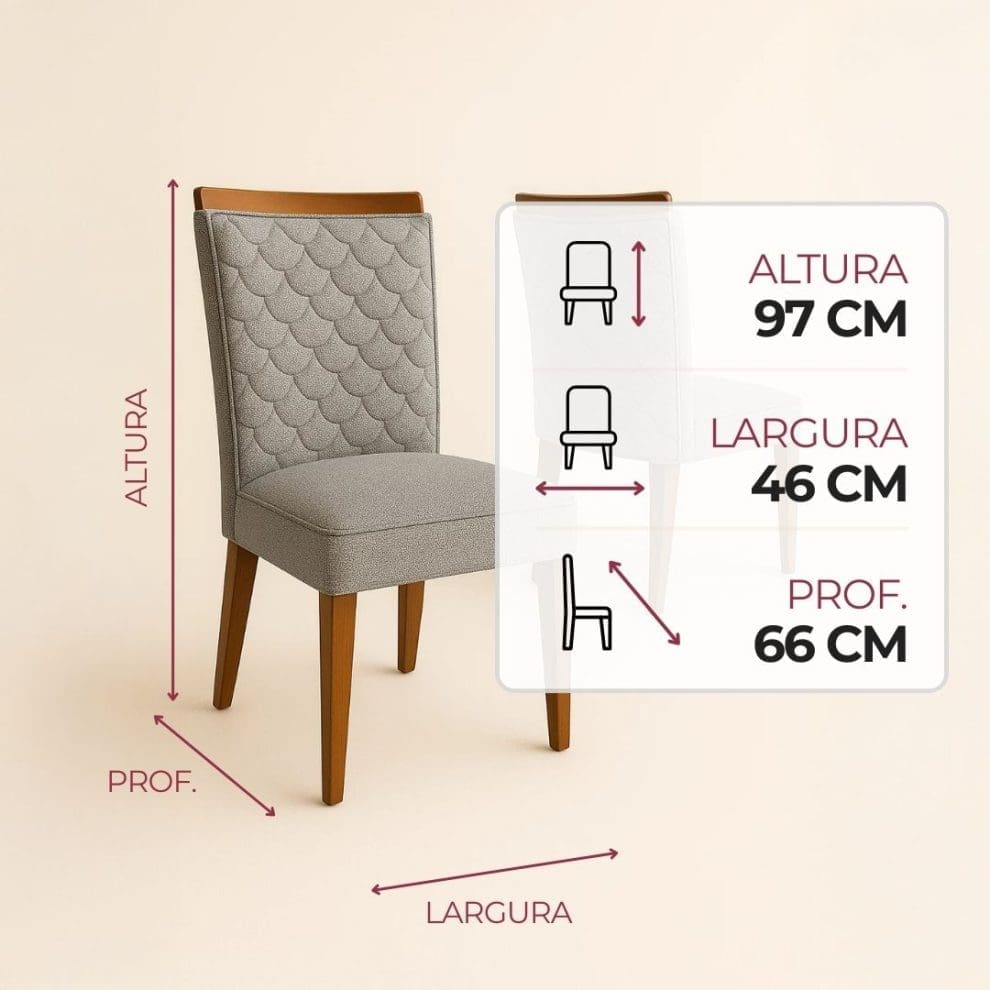 Cadeira Santarem – Linho Gelo – Kit com 2 Cadeira para Mesa de Jantar Santarém – Kit com 2 Unidades – Tecido Linho Gelo – Estrutura em Madeira e Detalhe Amadeirado no Encosto