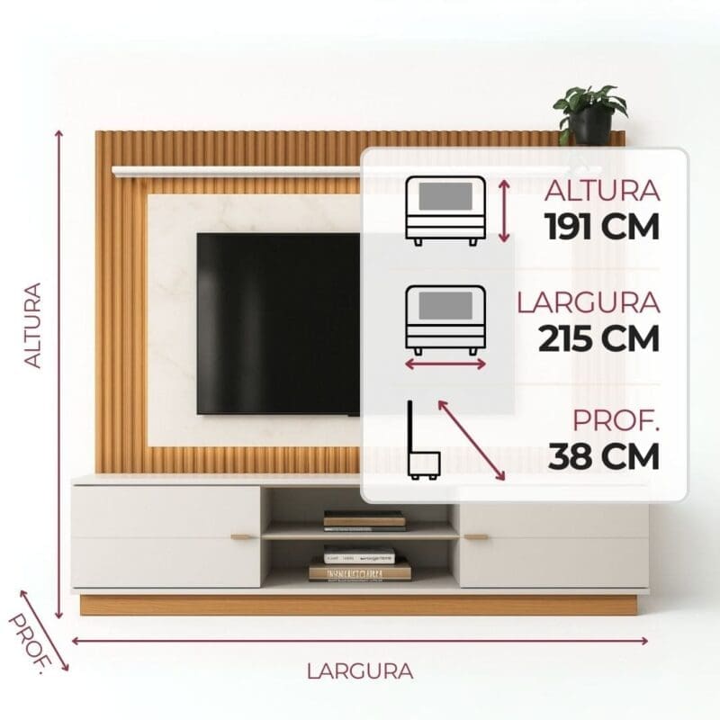 Estante Home Saragoca medidas Estante Home para TV Saragoça até 75 polegadas com Led e Ripado - Nature e Off White