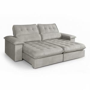 Sofá Retrátil e Reclinável 5 Lugares Vezzo Astro 2.50m – Molas Ensacadas – Veludo Cinza Luxo – Pillow Top 14cm