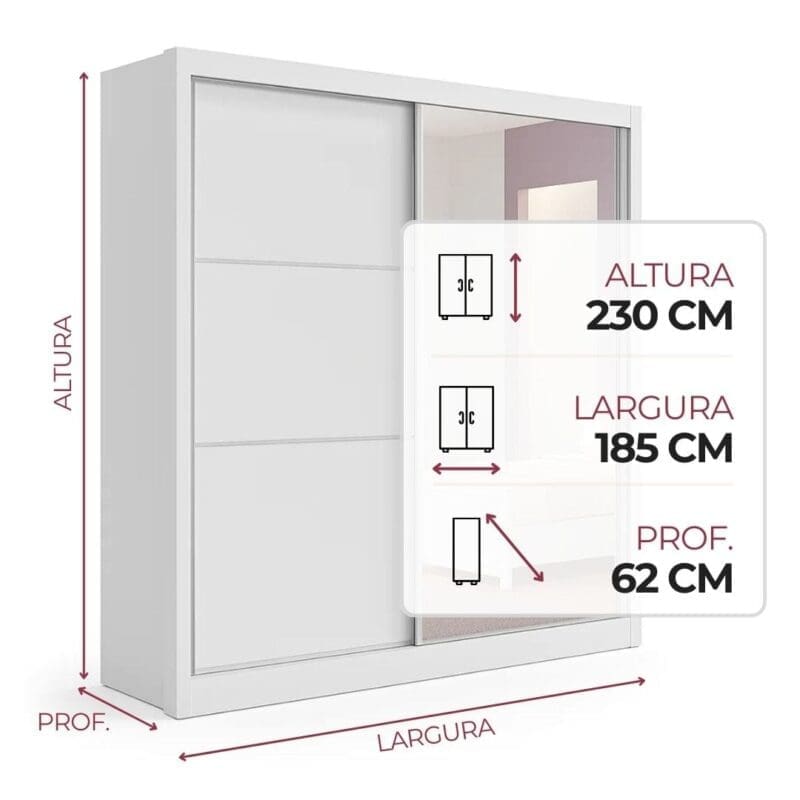 Guarda roupa com espelho 2 portas 3 gavetas Athenas Branco Guarda-Roupa Casal Athenas - 2 Portas de Correr, 3 Gavetas, 100% MDF, com Espelho - 1.85m - Branco