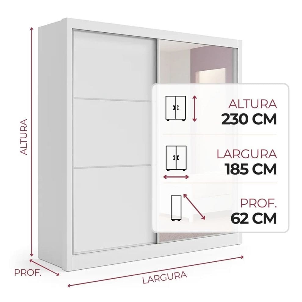 Guarda roupa com espelho 2 portas 3 gavetas Athenas Branco Guarda-Roupa Casal 2 Portas Athenas – 3 Gavetas – 100% MDF – Branco – 1,85 m – Com Espelho