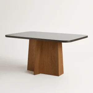 Mesa de Jantar Retangular - Tampo de MDF com Vidro - Base Naturale e Tampo Grafite - 1.20x0.80m  - Vezzo Porto