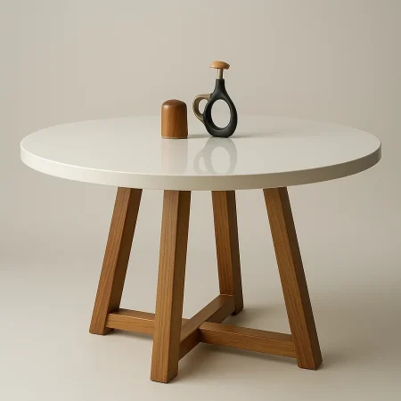 Mesa de Jantar Redonda - Tampo de MDF com Vidro - Base Naturale e Tampo Off White - 1.10x1.10m   - Vezzo Coimbra