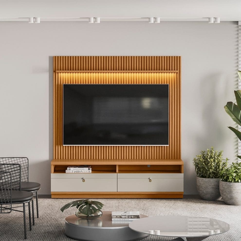 conjunto rack painel ouro preto 1 Conjunto Rack com Painel Catalunha – 1,80 m – MDP/MDF – Painel Ripado, 2 Gavetas e Puxadores em Couro – Para TV até 75”