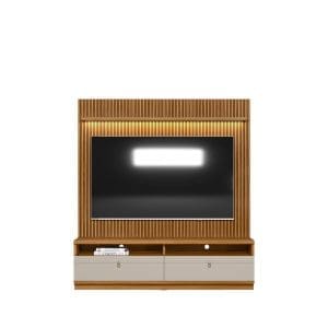 Conjunto Rack com Painel Catalunha – 1,80 m – MDP/MDF – Painel Ripado, 2 Gavetas e Puxadores em Couro – Para TV até 75”