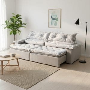 Sofá Retrátil e Reclinável Âmbar 240 cm – Veludo Jolie Cinza, Pillow 15 cm e Estrutura de Madeira Reflorestada