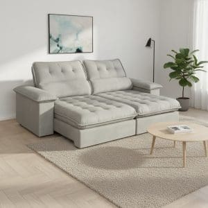 Sofá Retrátil e Reclinável 5 Lugares Vezzo Astro 2.50m – Molas Ensacadas – Veludo Cinza Luxo – Pillow Top 14cm