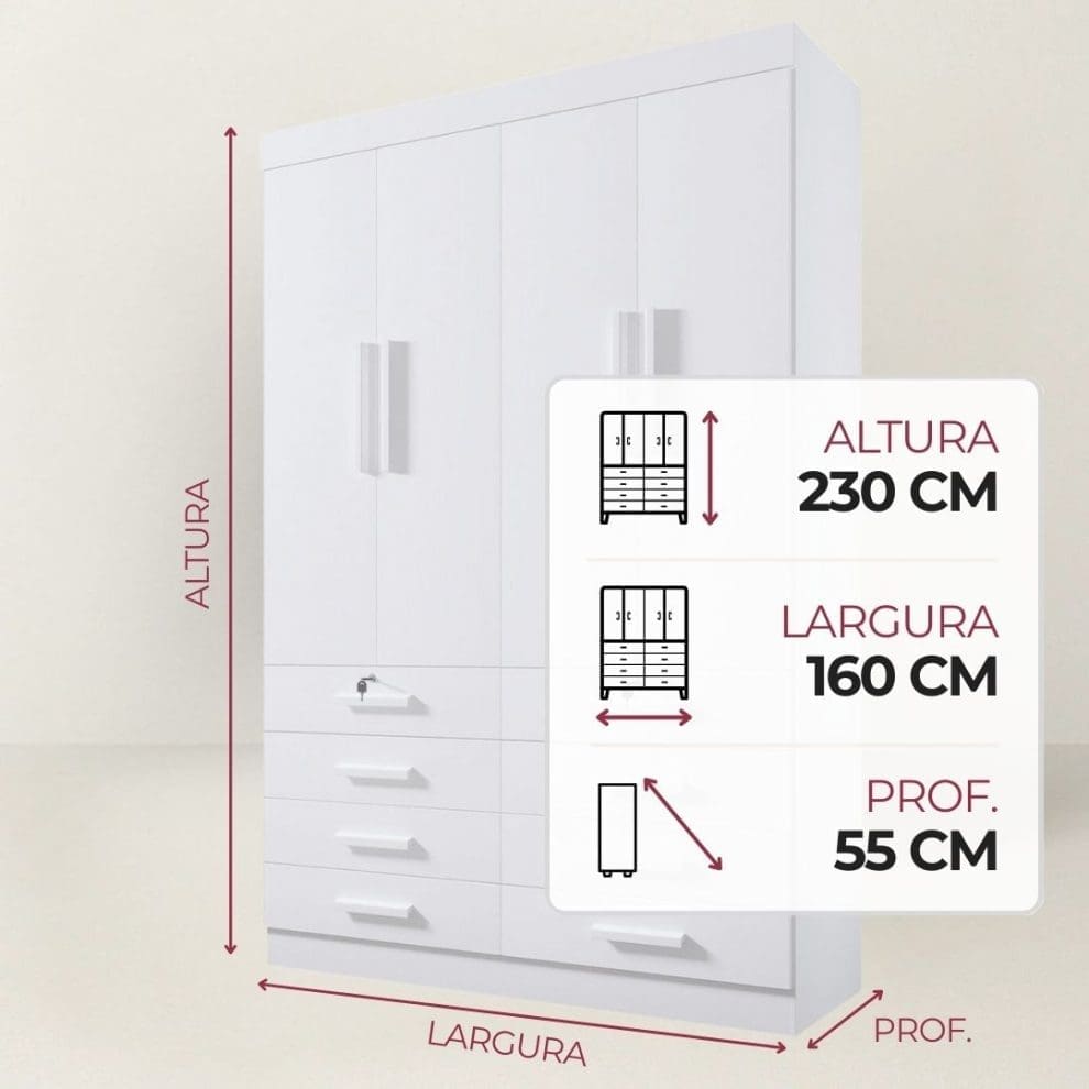 Guarda roupa Austin 4 portas 8 gavetas cinamomo 2 Guarda-Roupa Solteiro 4 Portas Austin – 8 Gavetas – Estrutura MDF – Branco – 1,60 m