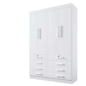 Guarda-Roupa Solteiro 4 Portas Austin – 8 Gavetas – Estrutura MDF – Branco – 1,60 m