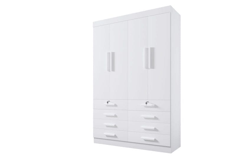 MONACO 4 PORTAS branco scaled 2 Guarda-Roupa Solteiro 4 Portas Austin – 8 Gavetas – Estrutura MDF – Branco – 1,60 m