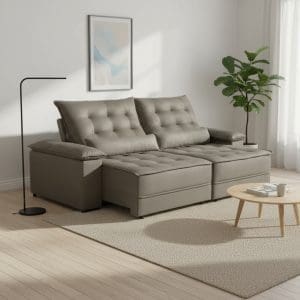 Sofá Retrátil e Reclinável Coral – Veludo Cinza – 2,50 m – Espuma D28 Certificada e Estrutura Reforçada