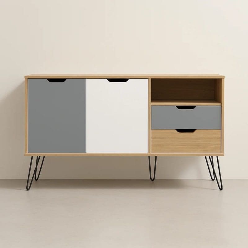 0001 1444 Buffet Aparador Glenda – 2 Portas e 2 Gavetas – Design Escandinavo – Pés de Metal e Nicho