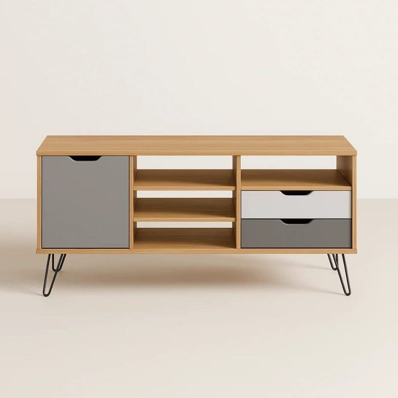 0001 1445 Rack de TV Glenda para TV até 60” – Design Escandinavo – Pés de Metal – 1 Porta e 2 Gavetas