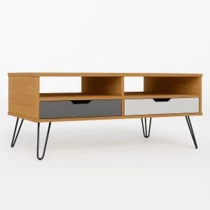 Mesa de Centro Glenda – 2 Gavetas e 3 Nichos – Design Escandinavo – Pés de Metal Hairpin