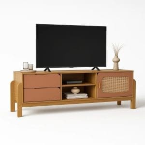 Rack de TV Daisy 1,60m – Detalhe Palha 3D – Gavetas Telescópicas e Porta com Amortecedor – Pés MDF 25mm