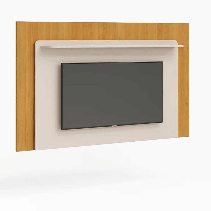 0001 1764 Painel de TV Begonia 1,80m com Iluminação LED – Detalhes Chanfrados e Laqueados – Estrutura MDP/MDF – Off White/Nature