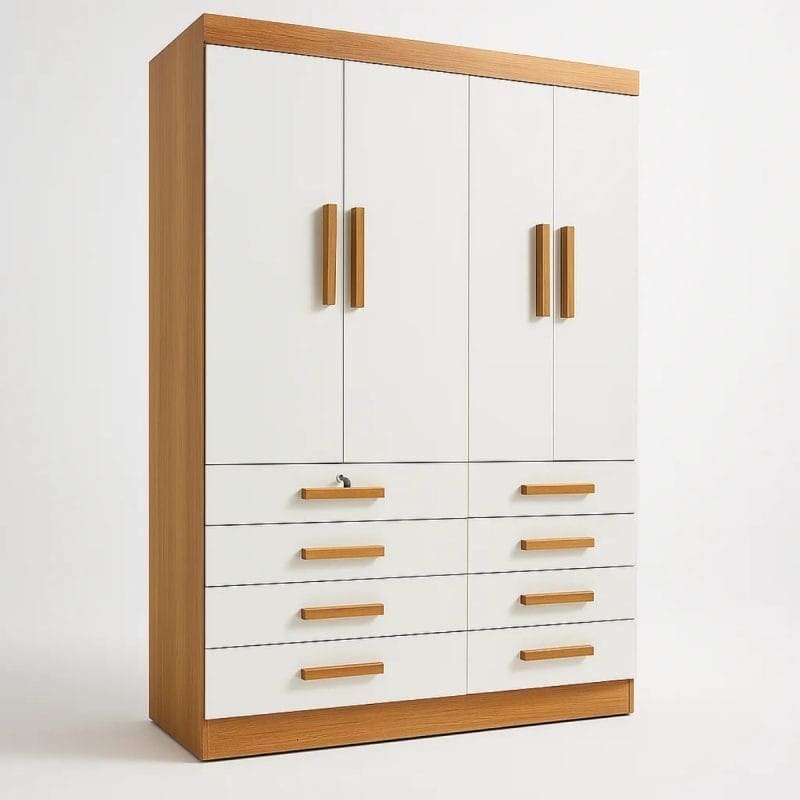 0001 4846 1 Guarda-Roupa Solteiro 4 Portas Austin – 8 Gavetas – Estrutura MDF – Cinamomo com Off White – 1,60 m