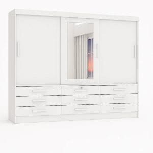 Guarda-Roupa Casal 3 Portas Tucson – 6 Gavetas – Estrutura MDF – Branco – 2,00 m – Com Espelho