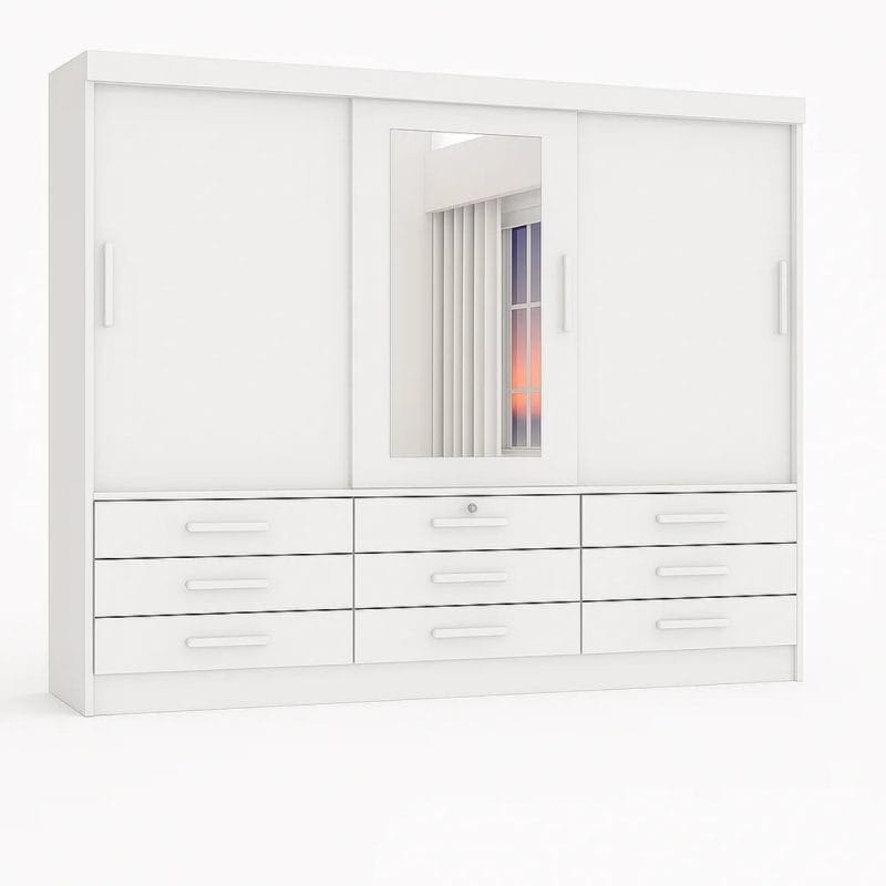 0001 4861 1 Guarda-Roupa Casal 3 Portas Tucson – 6 Gavetas – Estrutura MDF – Branco – 2,00 m – Com Espelho