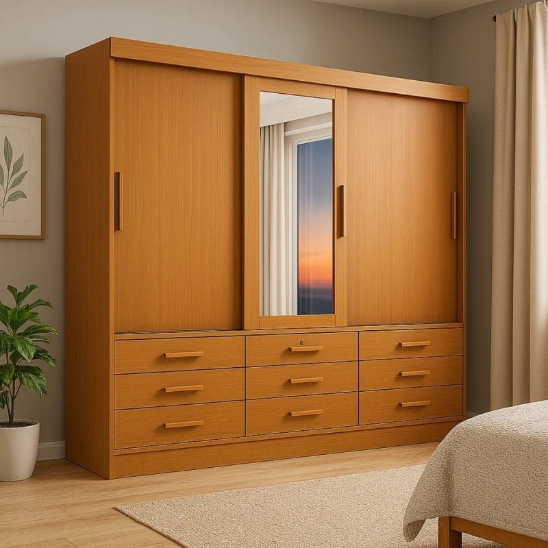 0001 4864 2 1 Guarda-Roupa Casal 3 Portas Tucson – 6 Gavetas – Estrutura MDF – Cinamomo – 2,00 m – Com Espelho