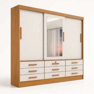 Guarda-Roupa Casal 3 Portas Tucson – 6 Gavetas – Estrutura MDF – Cinamomo com Off White – 2,00 m – Com Espelho