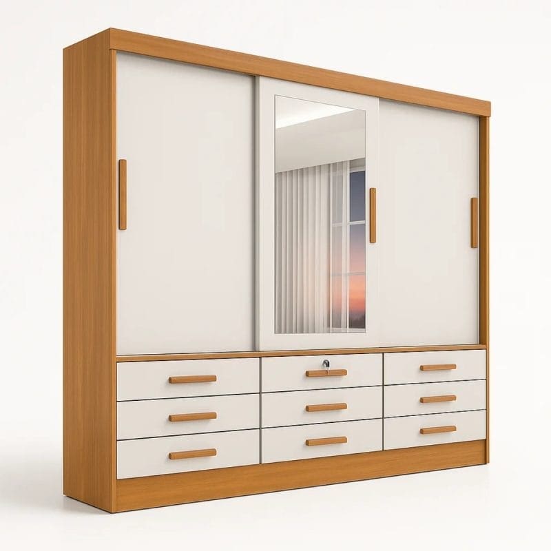 0001 4865 4 1 Guarda-Roupa Casal 3 Portas Tucson – 6 Gavetas – Estrutura MDF – Cinamomo com Off White – 2,00 m – Com Espelho