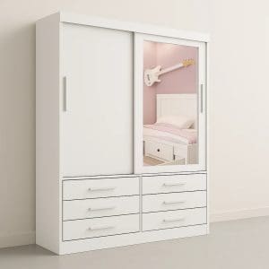 Guarda-Roupa Solteiro 2 Portas Tucson – 6 Gavetas – Estrutura MDF – Branco – 1,35 m – Com Espelho