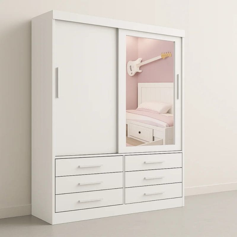 0001 4866 1 Guarda-Roupa Solteiro 2 Portas Tucson – 6 Gavetas – Estrutura MDF – Branco – 1,35 m – Com Espelho