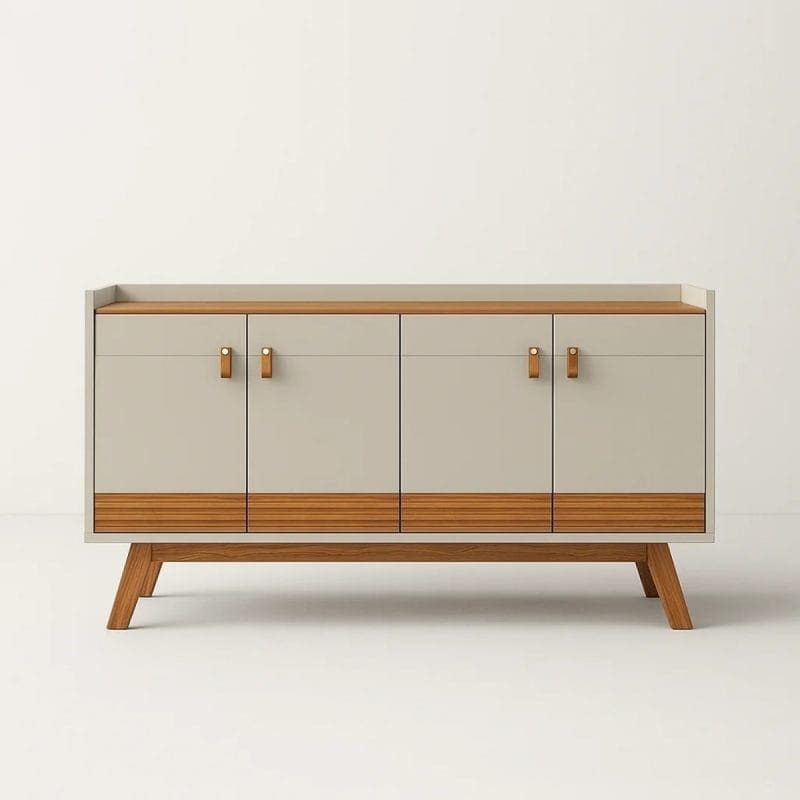0001 5501 Buffet Cuenca – 4 Portas – Detalhe Ripado e Puxadores em Couro – 160 cm – Nature/Off White