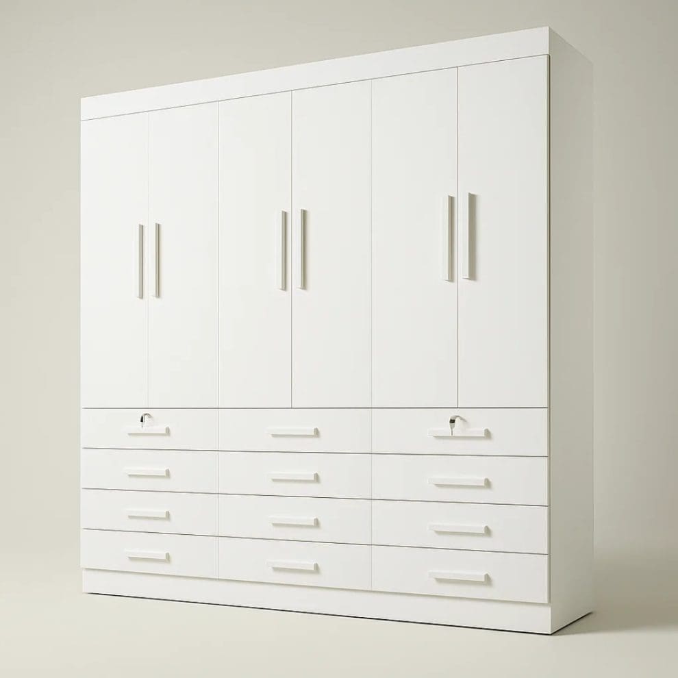 1 9 Guarda-Roupa Casal 6 Portas Austin Plus – 12 Gavetas – Estrutura MDF – Branco – 2,40 m