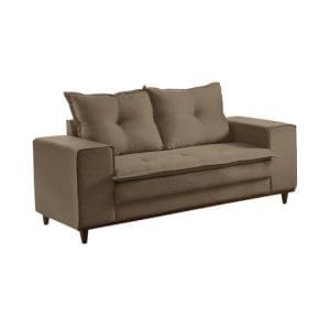 Sofá de 2 Lugares Zafira 160 cm – Linho Marrom, Espuma D28 Soft e Base em Madeira Imbuia Mel