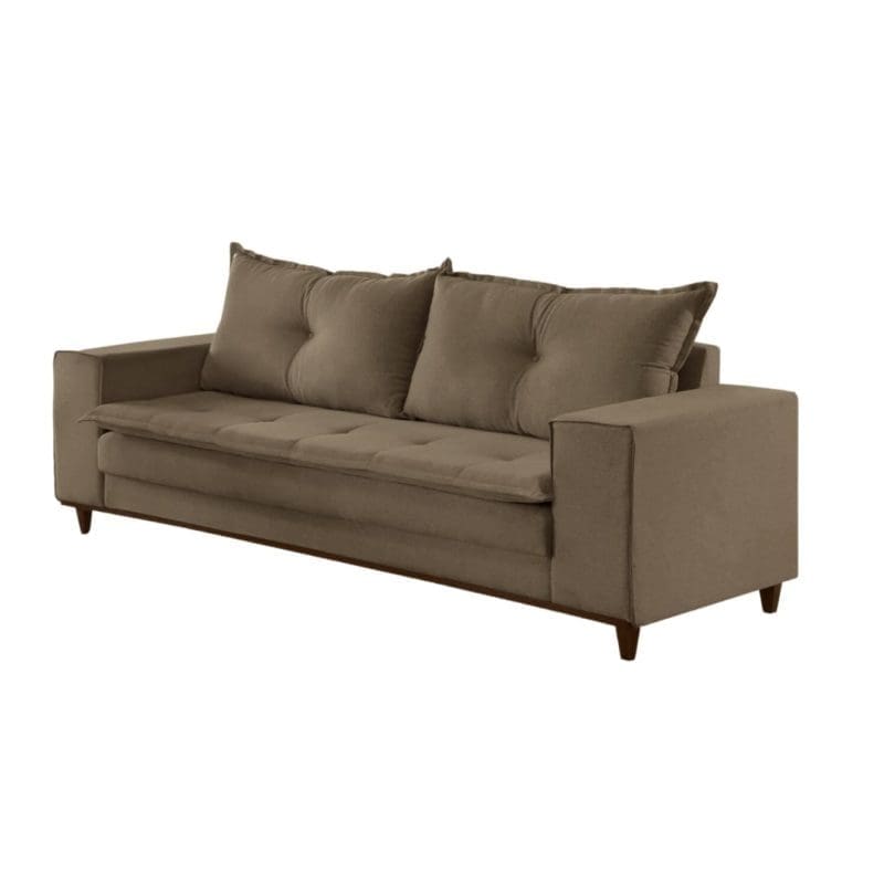 12 Sofá de 3 Lugares Zafira 220 cm – Linho Marrom, Espuma D28 Soft, Molas ZigZag e Pés Imbuia Mel