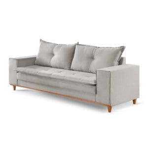 Sofá de 3 Lugares Zafira 220 cm – Linho Cinza, Espuma D28 Soft, Molas ZigZag e Pés Imbuia Mel