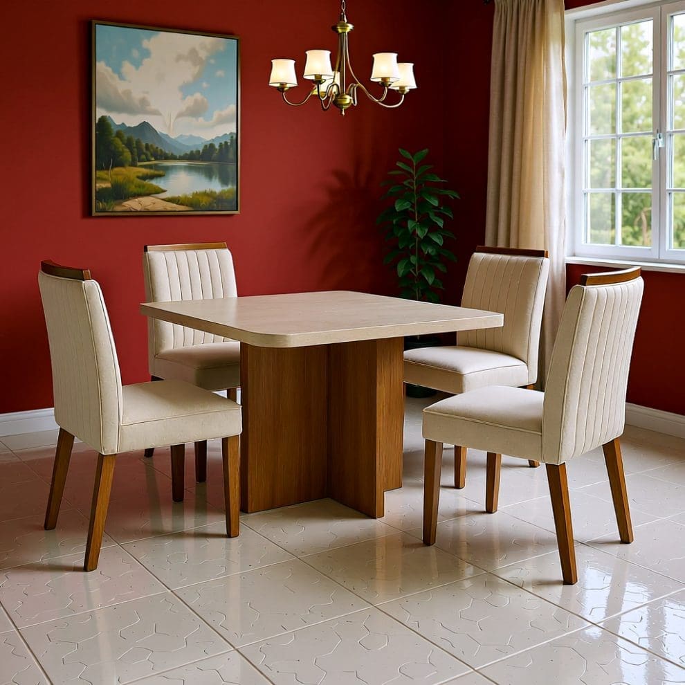 1756147627260 f802edd9 3010 4ab4 8aff 25c657810c84 Mesa de jantar marmorizada Dallas 90x90 com 4 cadeiras de Boucle Branco