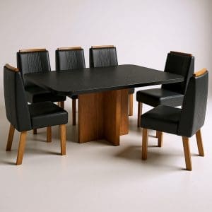 Mesa de jantar marmorizada Texas 180x90 com 6 cadeiras de couro preto