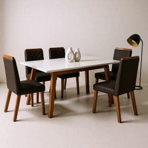 Mesa Arizona Off White 160×090 com 6 cadeiras veludo luxo marrom