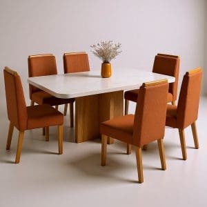 Mesa de jantar marmorizada Dallas 180x90 com 6 cadeiras de Boucle Terracota