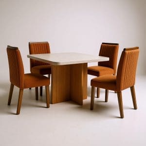 Mesa de jantar marmorizada Dallas 90x90 com 4 cadeiras de Boucle Terracota