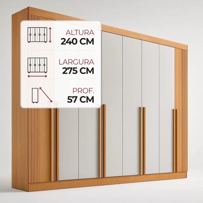 3 8 Guarda-Roupa Casal 8 Portas Boston – 8 Gavetas – 100% MDF – Cinamomo com Off White – 2,75 m – Ripado – Sapateira