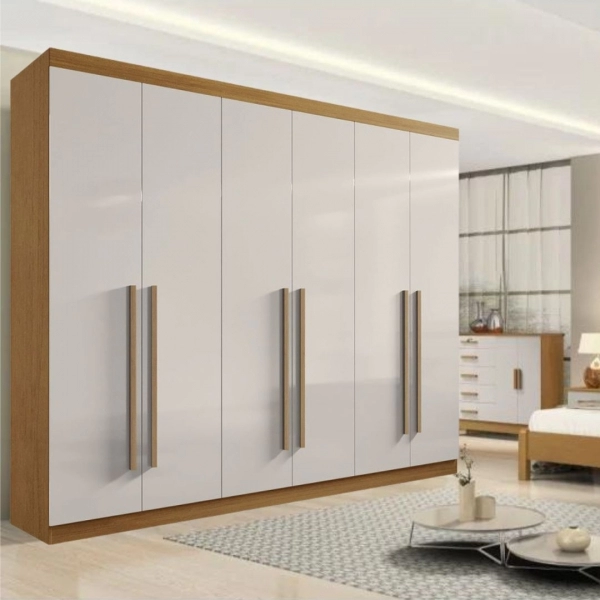 326 G Guardaroupa 6 portas 6 gavetas New Athos 49 Guarda-Roupa Casal 6 Portas New Athos – 6 Gavetas – 100% MDF – Sapateira – Cinamomo com Off White – 2,78 m