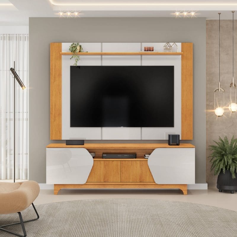 BANCADA E PAINEL HELO BALI CEDRO AMBIENTE FRONTAL Rack + Painel Olga 183x124 cm – Bali/Cedro, MDF Ripado com Prateleira e Bancada para TV até 75”