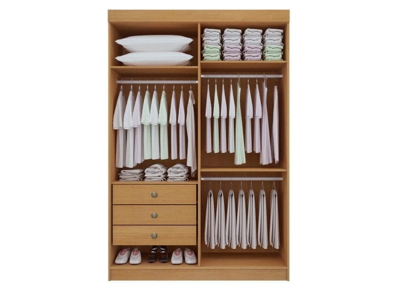 COLIBRI ABERTO 4 PORTAS scaled 2 Guarda-Roupa Solteiro 4 Portas Memphis – 3 Gavetas – Estrutura MDF – Cinamomo com Off White – 1,38 m