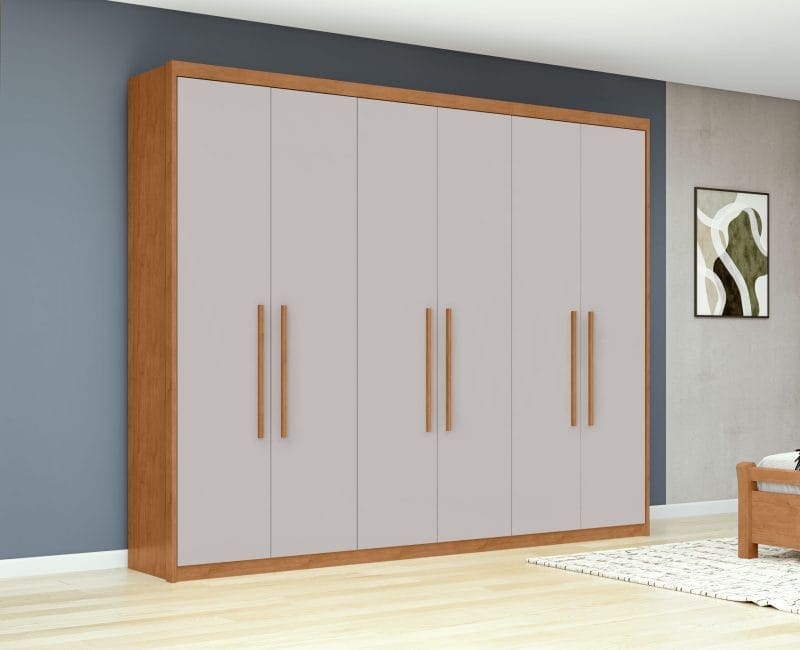 GR ARIES AC OW scaled Guarda-Roupa Casal 6 Portas Sollo – 5 Gavetas – 2,44 m – Amendoa com Off White – Interno com 11 Nichos e Espaço para Sapatos