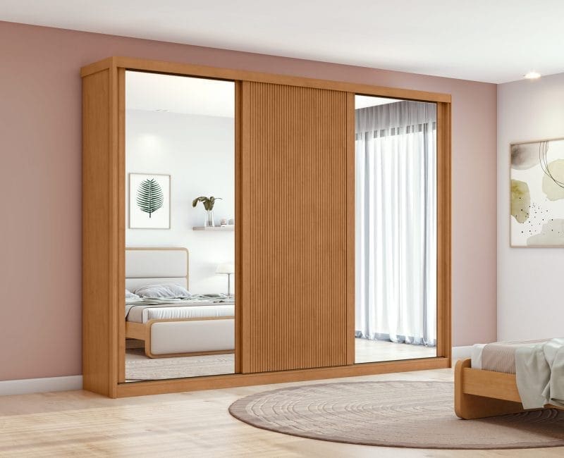 GR OLLIE 3 PTS COM ESP AC scaled Guarda-Roupa Casal 3 Portas Paradizzo – 6 Gavetas – 100% MDF – Amendoa – 2,74 m – Portas Ripadas Dupla-Face